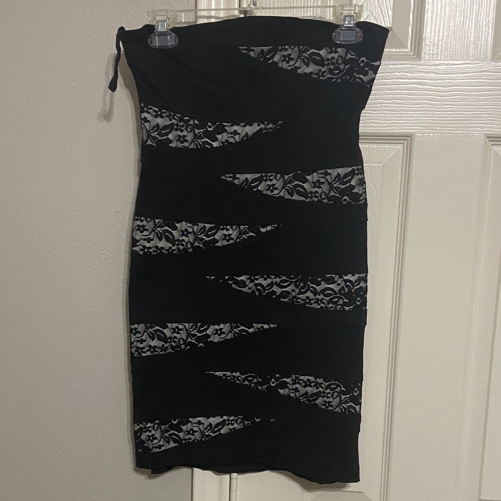 Black Strapless Lace-Insert Dress